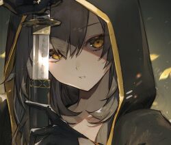 1girl black_gloves facing_viewer gloves grey_hair highres holding holding_sword holding_weapon honkai:_star_rail honkai_(series) hood looking_at_viewer parted_lips shade solo sooon stelle_(honkai:_star_rail) straight-on sword trailblazer_(honkai:_star_rail) upper_body weapon yellow_eyes