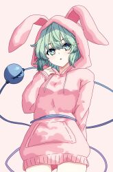 Rule 34 | 1girl, absurdres, alternate costume, animal ears, arm behind back, bunny day, commentary, eyeball, fake animal ears, green eyes, green hair, highres, hood, hood up, komeiji koishi, long sleeves, looking at viewer, open mouth, pajamas, pink background, pink pajamas, pioartstuff, rabbit ears, rabbit pajamas, simple background, solo, third eye, touhou