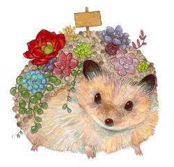Rule 34 | amano sizuku, animal, animal focus, blue flower, commentary request, flower, hedgehog, marker (medium), no humans, original, purple flower, red flower, sign, simple background, traditional media, white background