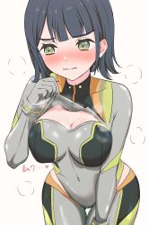 1girl :i absurdres averting_eyes black_hair blunt_bangs blush bob_cut bodysuit breasts cleavage cleavage_cutout clothing_cutout commentary cosplay covered_collarbone covered_navel cowboy_shot embarrassed flipped_hair gluteal_fold green_eyes grey_bodysuit heart highres hip_vent large_breasts link!_like!_love_live! looking_to_the_side love_live! momose_ginko nose_blush official_alternate_costume pout short_hair simple_background skin_tight solo standing steaming_body thigh_gap virtual_youtuber wavy_mouth white_background zanpon
