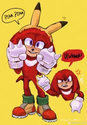 1boy anger_vein cosplay english_text full_body furry furry_male gen_1_pokemon gloves highres knuckles_the_echidna multiple_views nintendo open_mouth paw_pose pikachu pikachu_(cosplay) pokemon purple_eyes red_shoes shoes simple_background sonic_(live_action) sonic_(series) speech_bubble vamos_mk white_gloves yellow_background