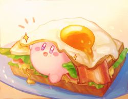 absurdres bacon blue_eyes bread bread_slice cheese commentary food food_focus food_on_face fried_egg highres in_food kirby kirby_(series) lettuce nintendo open_mouth plate sandwich shadow solo sparkle under_covers vul3hl0smteyk1z
