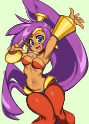 1girl absurdres arm_up bandeau blue_eyes bracer breasts commentary dark-skinned_female dark_skin feet_out_of_frame green_background hand_up harem_outfit high_ponytail highres long_hair medium_breasts navel open_mouth pants ponytail purple_hair red_bandeau red_pants rinkae shantae shantae_(series) simple_background smile solo stomach very_long_hair