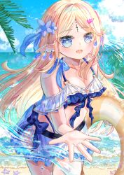 1girl alternate_costume bare_shoulders beach bikini blonde_hair blue_bikini blue_eyes blue_ribbon blue_skirt blue_sky breasts cartethyia_(wuthering_waves) collarbone commentary_request cowboy_shot day earrings frilled_bikini frills hair_ribbon highres holding holding_swim_ring innertube jewelry jitsugetsu_(bakavh0hok87401) light_blush long_hair looking_at_viewer ocean offering_hand open_mouth outdoors partial_commentary pointy_ears ribbon shore skirt sky small_breasts smile solo swim_ring swimsuit tacet_mark_(wuthering_waves) wuthering_waves