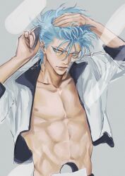 1boy abs bleach blue_eyeliner blue_eyes blue_hair collarbone eyeliner grey_background grimmjow_jaegerjaquez highres hole_on_body hollow_mask jacket makeup male_focus nipples open_clothes open_jacket rexx002 short_hair simple_background solo toned toned_male