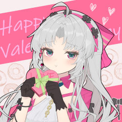 1girl absurdres ahoge aqua_eyes black_gloves blush bow box breasts carlotta_(wuthering_waves) chinese_commentary commentary_request earrings gloves grey_hair hair_bow hairband happy_valentine heart-shaped_box highres holding holding_box jacket jewelry long_hair looking_at_viewer medium_breasts ningmengege parted_bangs pink_bow pink_hairband pink_jacket portrait pout sidelocks solo striped_bow wuthering_waves
