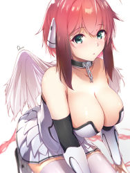 1girl angel_wings artist_name bare_shoulders blush breasts chain cleavage collar collarbone dermar green_eyes highres ikaros kneeling large_breasts long_hair looking_at_viewer red_hair sidelocks simple_background skirt solo sora_no_otoshimono thighhighs thighs white_background white_skirt white_thighhighs white_wings wings
