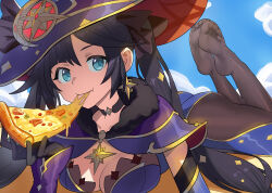 Rule 34 | 1girl, absurdres, ass, bare shoulders, black gloves, black hair, black pantyhose, blue leotard, breasts, casa chushouye, closed mouth, commentary request, detached sleeves, feet, food, genshin impact, gloves, gold trim, green eyes, highres, large breasts, leotard, looking at viewer, mona (genshin impact), pantyhose, pizza, smile, soles, star (symbol)