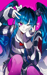 Rule 34 | 1123611099, 1girl, absurdres, amemiya darumi, bear hair ornament, black hair, blue hair, bow, chinese commentary, danganronpa (series), dated, hair ornament, head rest, highres, long hair, looking at viewer, multicolored hair, one eye closed, pink background, pink eyes, pink thighhighs, red bow, shirt, smile, solo, striped clothes, striped shirt, the hundred line -last defense academy-, thighhighs, twintails, v, v over head