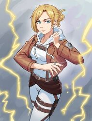 Rule 34 | 1girl, absurdres, annie leonhart, belt, blonde hair, blue eyes, breasts, brown jacket, chest harness, commentary, cowboy shot, drawstring, english commentary, frown, harness, highres, hood, hood down, hoodie, jacket, jewelry, lightning, long hair, looking at viewer, pants, ponytail, ring, shingeki no kyojin, short hair, short ponytail, small breasts, solo, thigh strap, watcher hollow, white hoodie, white pants