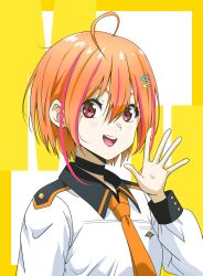 1girl 22/7 :d ahoge black_choker brown_eyes choker hand_up highres himuro_mizuki long_sleeves looking_at_viewer matsubokkurin227 multicolored_hair necktie open_mouth orange_hair orange_necktie palms pink_hair portrait school_uniform shirt smile solo teeth upper_teeth_only white_shirt yellow_background