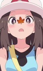 1girl blue_shirt blush breasts bright_pupils brown_eyes brown_hair collarbone commentary cutefires hair_flaps hat leaf_(pokemon) leaf_on_face long_hair nintendo open_mouth pokemon pokemon_frlg shirt sidelocks sleeveless sleeveless_shirt solo strap upper_body white_hat white_pupils
