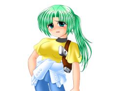 Rule 34 | 1girl, arm at side, blue eyes, blue pants, breasts, clothes around waist, confused, eyes visible through hair, game cg, green hair, gun, hand in pocket, higurashi no naku koro ni, holster, large breasts, large variant set, long hair, nose, pants, parted bangs, ponytail, ryukishi07, shirt, shirt around waist, sonozaki mion, variant set, weapon, white shirt, yellow shirt