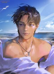 1boy bare_shoulders beach blue_sky brown_eyes brown_hair cheezeyoon3 closed_mouth cloud cloudy_sky earrings highres jewelry lips looking_to_the_side male_focus necklace nose original parted_bangs shirt short_hair sky solo toned toned_male upper_body white_shirt wind wind_lift