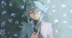 Rule 34 | 1boy, black undershirt, blue eyes, collared shirt, field, flower, flower field, green hair, hair between eyes, highres, long hair, looking at viewer, male focus, n (pokemon), nintendo, on grass, pokemon, pokemon bw, ponytail, shirt, solo, upper body, white flower, white shirt, zero (sleepy meltan)