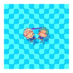 Rule 34 | 2boys, bakugou katsuki, blonde hair, blue male swimwear, blue swim trunks, blush, boku no hero academia, border, closed eyes, drop shadow, floating, green hair, grin, highres, lying, male focus, male swimwear, midoriya izuku, multiple boys, on back, outstretched arms, primrose field illusion, scar, scar on chest, short hair, smile, sugokuinu, summer, sweat, swim trunks, teeth, topless male, white border