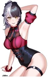 1girl absurdres arm_support arm_up armpits black_hair black_leotard black_nails grey_hair hazel_(hzlform) highres hololive hololive_english leotard looking_at_viewer multicolored_hair multicolored_leotard o-ring o-ring_thigh_strap open_mouth red_leotard shiori_novella solo split-color_hair thigh_strap two-tone_hair two-tone_leotard virtual_youtuber yellow_eyes