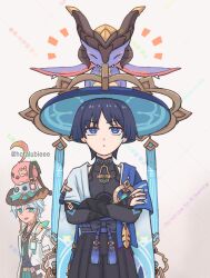 Rule 34 | 2boys, absurdres, animal, animal on head, aqua hair, armor, backpack, bag, belt, bird, black bag, black belt, black bodysuit, black bow, black bridal gauntlets, black hair, black shirt, blue cape, blue eyes, blue gemstone, blue hat, blue pupils, blue sleeves, blunt ends, bodysuit, bow, bridal gauntlets, cacucu, cape, closed mouth, coat, collared shirt, covered collarbone, cowboy hat, crossed arms, dark-skinned male, dark skin, dragon, eyeliner, eyeshadow, feathers, fringe trim, furisode, gem, genshin impact, gold, gold ring, hair between eyes, hakama, hakama shorts, hand on own arm, hat, highres, hotarubi (hotarubie), ifa (genshin impact), japanese armor, japanese clothes, jingasa, kimono, kote, kurokote, layered sleeves, looking at another, looking up, makeup, mandarin collar, middle ring, mini durin (genshin impact), multicolored feathers, multiple boys, neck tattoo, notice lines, on head, open clothes, open coat, open kimono, open mouth, pleated shorts, purple rope, purple sash, red eyeliner, red eyeshadow, rope, sash, scaramouche (genshin impact), shirt, short sleeves, shorts, shoulder peek, small dragon, tattoo, twitter username, vision (genshin impact), wanderer (genshin impact), watermark, watermark grid, white coat, white hair, white hat, white kimono, white sleeves, white trim, wispy bangs, yellow feathers