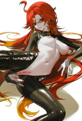 Rule 34 | 1girl, ahoge, anus, biker clothes, bikesuit, black bodysuit, bodysuit, breasts, censored, commentary request, earrings, feet out of frame, fingering, genshin impact, highres, hoop earrings, iumu, jewelry, large breasts, linea alba, long hair, looking at viewer, mavuika (genshin impact), multicolored hair, nail polish, navel, nipples, open clothes, orange eyes, orange hair, pussy, pussy juice, red hair, red nails, simple background, smile, solo, sunglasses, white background