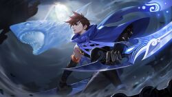 1boy asymmetrical_hair black_eyes black_gloves black_pants black_shirt blue_cloak brown_hair character_request cloak closed_mouth cloud collared_cloak copyright_request dual_wielding elbow_gloves expressionless feet_out_of_frame fighting_stance floating_clothes from_below furrowed_brow gauntlets gloves high_collar holding holding_sword holding_weapon knee_up lips male_focus moon night night_sky nostrils orange_arms outdoors pants pink_lips pointy_nose shark shirt short_hair sky sleeveless sleeveless_shirt solo sword thick_eyebrows water water_drop weapon ye_dian_pikaqiu