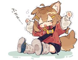 1girl ahoge animal_collar animal_ear_fluff animal_ears arms_up blue_shoes blue_shorts blush_stickers brown_hair clenched_hands closed_eyes collar commentary_request dog_ears dog_girl dog_tail fangs full_body hair_between_eyes hair_ornament hairclip highres invisible_chair layered_sleeves long_hair long_sleeves mamehinata name_tag notamaru_2 open_mouth red_collar red_shirt shirt shoe_soles shoes short_over_long_sleeves short_sleeves shorts shoulder_strap sidelocks single_ear_down sitting skin_fangs sneakers socks solo squeans stretching tail vrchat white_socks