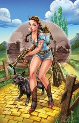 Rule 34 | 1girl, artist name, belt, blue shirt, blue shorts, blue sky, boots, brown belt, brown boots, brown eyes, brown hair, checkered clothes, checkered shirt, cloud, cowboy boots, day, denim, denim overalls, denim shorts, dog, dorothy gale, fence, grass, gun, highres, holding, holding gun, holding weapon, j. scott campbell, outdoors, overall shorts, overalls, path, road, shirt, short shorts, short sleeves, shorts, signature, sky, the wizard of oz, two-tone shirt, watermark, weapon, web address, white shirt, wooden fence, yellow brick road