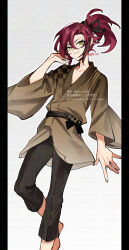 Rule 34 | 1boy, artist name, bath yukata, black hair, black pants, black sash, brown kimono, closed mouth, collarbone, commentary request, dated, genshin impact, gradient background, green eyes, grey background, hair between eyes, hand up, high ponytail, highres, japanese clothes, kimono, long sleeves, looking at viewer, male focus, mole, mole under eye, multicolored hair, obi, ojo aa, pants, parted bangs, pillarboxed, ponytail, red hair, sash, shikanoin heizou, short kimono, short yukata, sidelocks, signature, simple background, smile, smirk, solo, streaked hair, twitter username, watermark, white background, wide sleeves, yukata