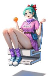 1girl :d absurdres aqua_hair belt belt_pouch blue_eyes braid braided_ponytail breasts bs9999s bulma dragon_ball dragon_ball_(classic) dragon_ball_(object) highres light_blush looking_at_viewer medium_breasts open_mouth panties pantyshot pink_shirt pink_skirt pleated_skirt pouch purple_scarf purple_socks scarf shirt simple_background sitting skirt smile socks solo underwear white_background white_panties