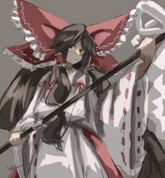 Rule 34 | 1girl, bow, brown hair, closed mouth, cowboy shot, foul detective satori, gensokyo&#039;s first hakurei miko, gohei, grey background, hair bow, highres, holding, holding gohei, japanese clothes, kariginu, koyane (silver81106), large bow, long hair, long sleeves, looking at viewer, low-tied long hair, red bow, red eyes, red ribbon, red skirt, ribbon, ribbon-trimmed sleeves, ribbon trim, sidelocks, simple background, skirt, solo, standing, touhou, wide sleeves