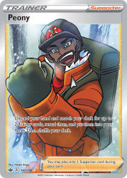 1boy ariga_hitoshi artist_name backpack bag beard black_helmet card_(medium) character_name clenched_hand coat company_name copyright_name copyright_notice dark-skinned_male dark_skin english_text expedition_uniform eyelashes facial_hair gloves green_eyes helmet male_focus nintendo official_art open_mouth outdoors peony_(pokemon) pokemon pokemon_card pokemon_swsh pokemon_tcg smile snowing solo teeth third-party_source trading_card tree upper_teeth_only