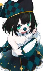 1girl amo_aster bare_shoulders black_hair blush clown_nose colored_inner_hair commentary dress english_commentary flying_sweatdrops green_dress green_eyes green_hair hat highres indie_virtual_youtuber jester jester_cap looking_at_viewer makeup multicolored_hair open_mouth simple_background smile solo strapless strapless_dress streaked_hair virtual_youtuber white_background yoako