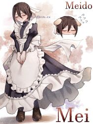 1girl :3 animal_ears apron black_dress blush boots brown_background brown_boots brown_hair character_name chibi closed_eyes closed_mouth dog_ears dress flying_sweatdrops frilled_apron frilled_dress frills full_body hair_between_eyes hair_bun high_collar highres hiiro_(kiiro_ex) juliet_sleeves kimi_no_koto_ga_dai_dai_dai_dai_daisuki_na_100-nin_no_kanojo lone_nape_hair long_dress long_hair_between_eyes long_sleeves maid maid_apron meido_mei multiple_views nose_blush outline own_hands_together puffy_sleeves raised_eyebrows shadow single_hair_bun smile standing twitter_username veil white_background white_outline white_veil