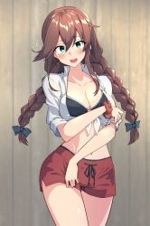 1girl bikini bikini_under_clothes black_bikini braid breasts brown_hair cleavage collared_shirt commentary_request cowboy_shot dress_shirt green_eyes highres kantai_collection long_hair medium_breasts navel noshiro_(kancolle) noshiro_(swimsuit)_(kancolle) red_scrunchie red_shorts scrunchie shiba_(zudha) shirt shorts solo swept_bangs swimsuit tied_shirt twin_braids white_shirt wrist_scrunchie