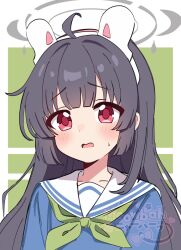 1girl animal_ear_headband animal_ear_headwear animal_ears artist_name black_hair blue_archive blush fake_animal_ears green_ribbon grey_halo hair_between_eyes halo highres long_hair meowbah miyu_(blue_archive) non-web_source rabbit_ears red_eyes ribbon sailor_collar school_uniform serafuku sidelocks solo sweatdrop upper_body white_sailor_collar