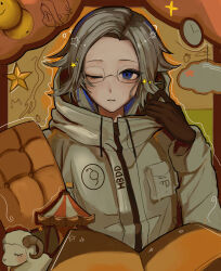 1boy aotsuki_eito black_gloves blue_eyes book breast_pocket brown_background carousel carrot clock clothes_tug cloud doodle_inset drawstring glasses gloves grey_hair hand_up highres hood jacket kyo_ya_(utsuroya) looking_at_viewer male_focus one_eye_closed parted_lips pocket sheep short_hair smiley_face solo star_(symbol) the_hundred_line_-last_defense_academy- upper_body white_jacket zipper