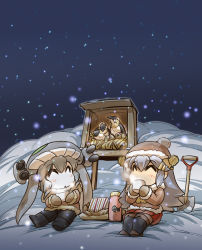 10s 2girls ^_^ abyssal_ship beanie bird birdhouse boots closed_eyes coat comic commentary_request cup drinking eggshell_hat closed_eyes food grey_hair hair_ornament hairclip haruna_(kancolle) hat headband headgear hisahiko holding holding_cup i-class_destroyer kantai_collection long_hair multiple_girls nest night night_sky open_mouth picnic pom_pom_(clothes) red_skirt sandwich shovel on_ground skirt sky smile snow snowing steam tentacles thermos thighhighs winter_clothes winter_coat wo-class_aircraft_carrier worktool