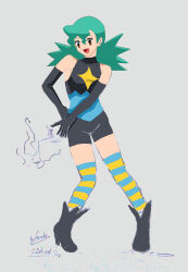 1girl aged_down armpits bike_shorts brown_eyes gen_4_pokemon gloves green_hair high_heels highres jenny_(pokemon) long_glove marble_(pokemon) nintendo official_alternate_costume pokemon pokemon_(anime) pokemon_dp059 pokemon_dppt_(anime) shoes spandex striped_clothes striped_thighhighs thighhighs