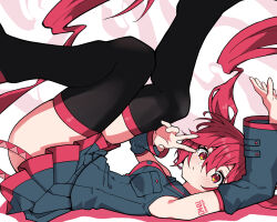 1girl absurdly_long_hair alternate_hair_length alternate_hairstyle black_skirt black_thighhighs boots breast_pocket breasts buttons commentary_request from_side hair_between_eyes kasane_teto kasane_teto_(utau) legs_up long_hair looking_at_viewer looking_to_the_side lying medium_breasts michihirogswr microphone on_back pleated_skirt pocket red_eyes skirt skirt_set solo thigh_boots thighhighs thighs utau v very_long_hair white_background
