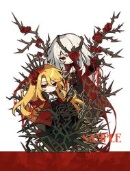 Rule 34 | 1boy, 1girl, ascot, black corset, black gloves, black pants, black vest, blonde hair, blood, blood in hair, border, brambles, coat, collared shirt, corset, don quixote (project moon), flower, flower in eye, full body, gem, gloves, hair flower, hair ornament, head spikes, kamisiro sora, la manchaland&#039;s don quixote (project moon), limbus company, long hair, long sleeves, looking at another, looking at viewer, pants, parted bangs, project moon, red border, red brooch, red coat, red eyes, red flower, red gemstone, red rose, rose, sample watermark, sancho (project moon), shirt, simple background, standing, symbol in eye, thorns, vest, watermark, white ascot, white background, white hair, white shirt, yearning-mircalla (e.g.o)