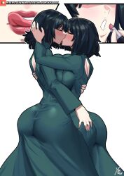 Rule 34 | 2girls, ass, blush, breast press, breasts, closed eyes, dress, female focus, fubuki (one-punch man), grabbing own ass, highres, huge ass, kiss, large breasts, licking lips, lipstick, makeup, multiple girls, one-punch man, selfcest, short hair, symmetrical docking, tongue, tongue out, xhaart, yuri