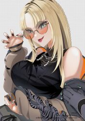 1girl animal_print black_jacket black_nails black_shirt black_tank_top blonde_hair blue_eyes braid breasts commentary english_commentary fang halter_shirt halterneck highres hololive hololive_dev_is jacket jewelry koganei_niko long_hair marl_04art multiple_rings orange-tinted_eyewear parted_bangs parted_hair ring shirt sleeveless sleeveless_shirt slit_pupils solo straight_hair sukajan sunglasses tank_top tiger_print tinted_eyewear tongue tongue_out