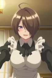 ahoge breasts brown_hair hair_over_one_eye highres kaifuku_jutsushi_no_yarinaoshi_~sokushi_mahou_to_skill_copy_no_chouetsu_heal~ large_breasts maid maid_(kaiyari) non_porn smile tagme