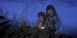 2girls absurdres bang_dream! bang_dream!_it&#039;s_mygo!!!!! black_hair black_necktie blue_bag blue_sky brown_hair chinese_commentary closed_mouth commentary_request earphones grass grey_hair grey_overalls highres lemtun long_hair multiple_girls musical_note necktie night outdoors overalls purple_eyes shared_earphones shiina_taki short_hair sitting sky star_(sky) takamatsu_tomori utility_pole