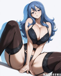 1girl artist_name blue_eyes blue_hair blush breasts breasts_squeezed_together cleavage curvy fairy_tail female_focus garter_straps highres huge_breasts juvia_lockser lingerie long_hair looking_at_viewer matching_hair/eyes navel parted_lips sitting solo spread_legs thick_thighs thighhighs thighs underwear wide_hips
