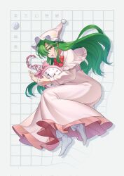 Rule 34 | 1girl, ascot, bow, clock, green eyes, green hair, grid, guumin, hair over one eye, hat, head down, highres, kazami yuuka, kazami yuuka (pc-98), long hair, long sleeves, lotus land story, nightcap, nightgown, pajamas, pink pajamas, red bow, solo, star (symbol), star print, touhou, touhou (pc-98), warped