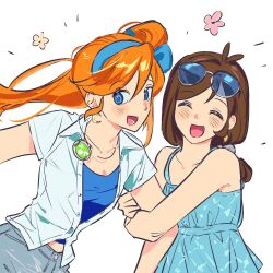 2girls :d ace_attorney alternate_costume arm_hug athena_cykes blue_bow blue_dress blue_eyes blue_shirt bow brown_hair closed_eyes crescent crescent_earrings dress earrings eyewear_on_head galar_1jjang hair_between_eyes hair_bow jewelry long_hair medium_hair multiple_girls necklace open_mouth orange_hair shirt side_ponytail smile spaghetti_strap sunglasses trucy_wright upper_body white_background