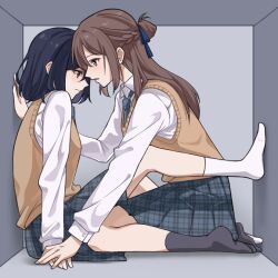 Rule 34 | 2girls, black socks, blue eyes, blue hair, blue skirt, braid, brown hair, brown sweater vest, closed mouth, commentary request, half up braid, kyo6159, long hair, long sleeves, medium hair, miyagi shiori, multiple girls, no shoes, open mouth, plaid clothes, plaid skirt, pleated skirt, school uniform, sendai hazuki, shirt, shuuniichido classmate wo kau hanashi, sidelocks, skirt, socks, stuck, stuck in a box, sweater vest, unmoving pattern, white shirt, white socks, yuri