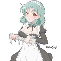 1girl :o absurdres apron birthday black_dress blush breasts cleavage curly_hair dated dress green_hair highres idolmaster idolmaster_million_live! juliet_sleeves long_sleeves looking_at_viewer maid maid_apron maid_headdress medium_hair nillis orange_eyes puffy_sleeves simple_background solo standing tokugawa_matsuri twitter_username white_apron white_background white_headdress wringing