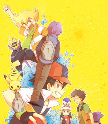 1girl 4boys ash_ketchum backpack bag barry_(pokemon) baseball_cap black_hair blonde_hair blue_hair brock_(pokemon) brown_eyes brown_hair clenched_hand commentary croagunk crossed_arms dawn_(pokemon) empoleon facial_mark gen_1_pokemon gen_4_pokemon green_scarf hat holding holding_poke_ball jacket long_sleeves multiple_boys nintendo orange_eyes paul_(pokemon) pikachu pink_scarf piplup poke_ball pokemon pokemon_(anime) pokemon_(creature) pokemon_dppt_(anime) purple_hair scarf shirt short_sleeves sleeveless smile star_(symbol) tsukushi_(clunker) white_shirt yellow_background