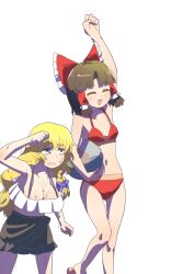 2girls :3 alternate_costume arm_up ball beachball benikurage_(cookie) bikini bikini_skirt blonde_hair blunt_bangs blush bow braid breasts brown_hair clenched_hand closed_eyes cookie_(touhou) feet_out_of_frame fist_pump frilled_bikini frilled_bow frilled_hair_tubes frills green_eyes hair_bow hair_tubes hakurei_reimu highres holding holding_ball holding_beachball kirisame_marisa large_breasts leftame long_hair mars_(cookie) multiple_girls open_mouth parted_bangs red_bikini red_bow short_hair side_braid simple_background single_braid small_breasts smile sweat swimsuit touhou transparent_background white_bikini